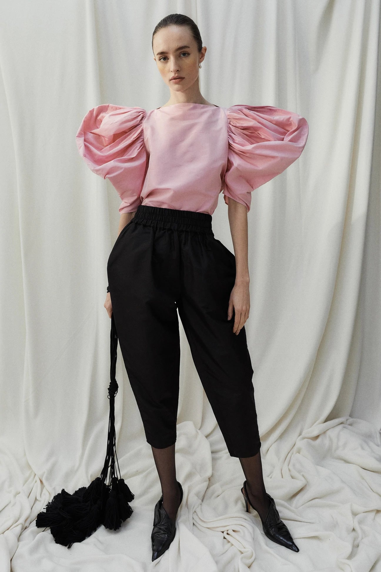 Nackiyé Top Lolita Silk Shantung Puff-Sleeve Top